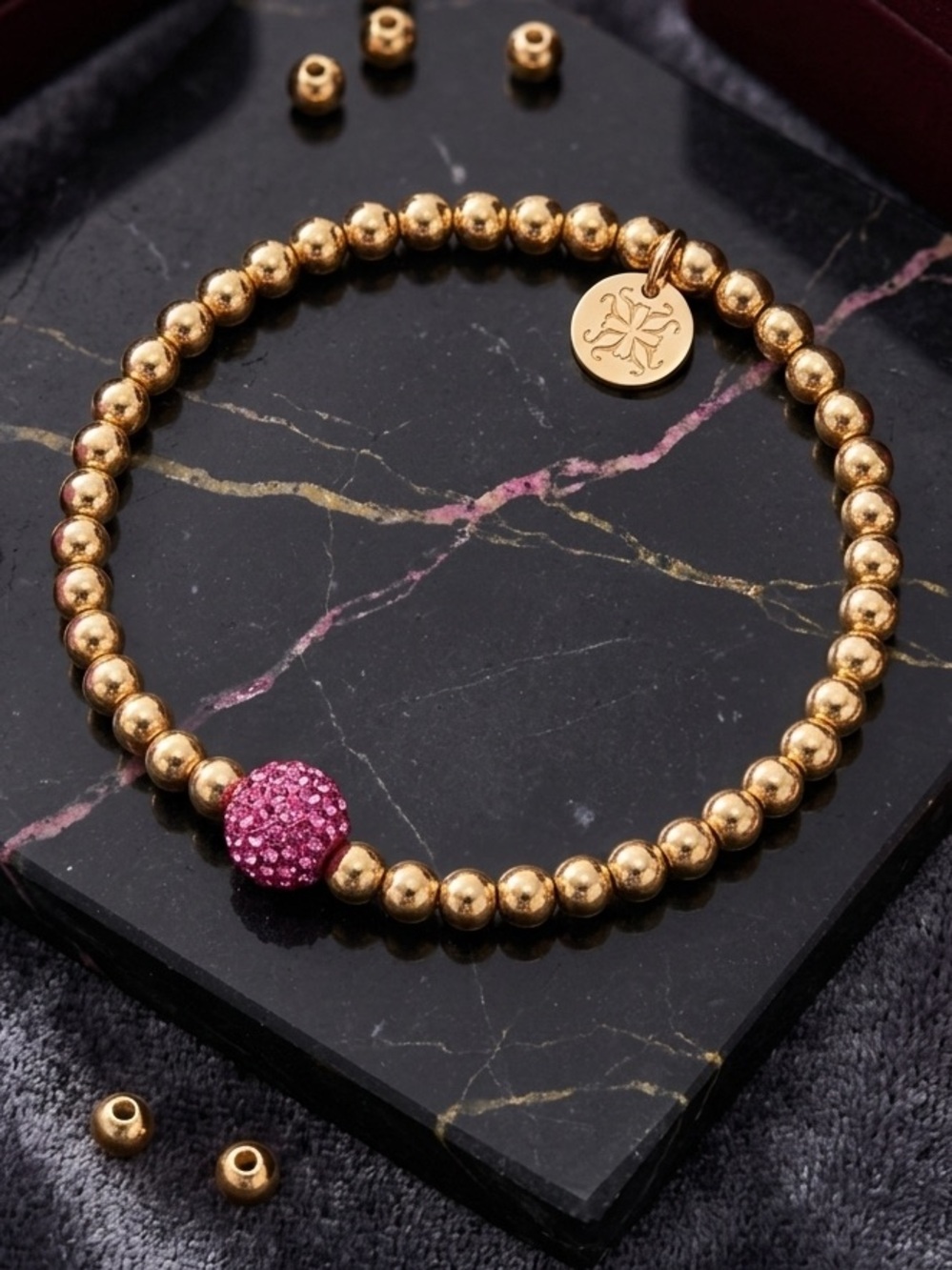 Rustic Cuff "Ireland" gold bead bracelet with a pink crystal Shamballa bead 2540